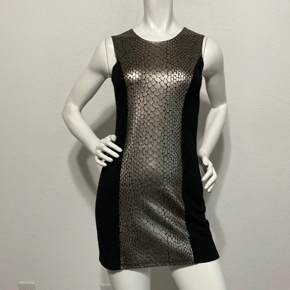 Nicole Miller Black Metallic Faux Leather Sheath Dress Size L - Picture 1 of 9